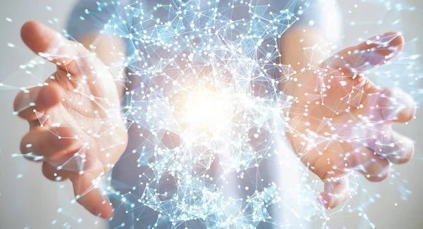 Uçan ağ bağlantısı 3d render tutan işadamı