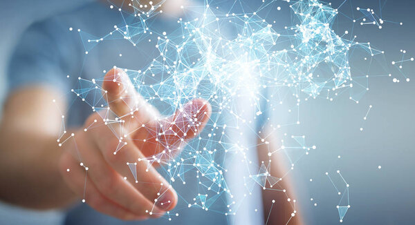 Businessman touching flying network connection 3D rendering