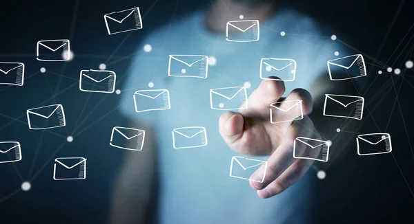 Affärsman holding och trycka flytande e-postmeddelanden skiss — Stockfoto