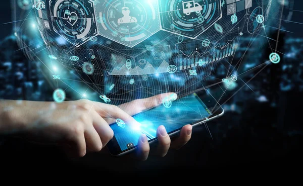 Dijital Sağlık Küre 3d işlemesini kullanan iş adamı