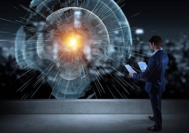 Dijital planet earth arabirim üzerinde bir çatı izlerken işadamı