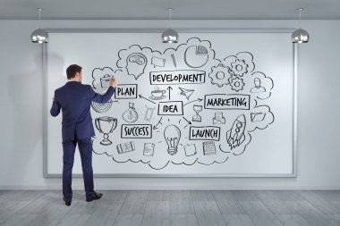 Bir proje çizim işadamı bir yönetim kurulu 3d render kroki