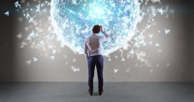 Bir duvar 3d re dijital planet earth arabirimini kullanarak iş adamı