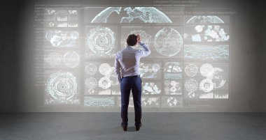 Bir duvara 3d render grafik ekranlar arabirimini kullanarak iş adamı