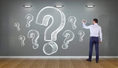 İşadamı çizim soru işaretleri bir duvar 3d render kroki