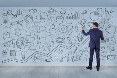 Bir proje çizim işadamı bir duvar 3d render kroki