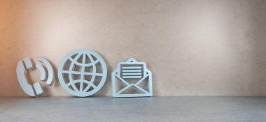 Modern iç 3d render büyük iletişim simgeleri