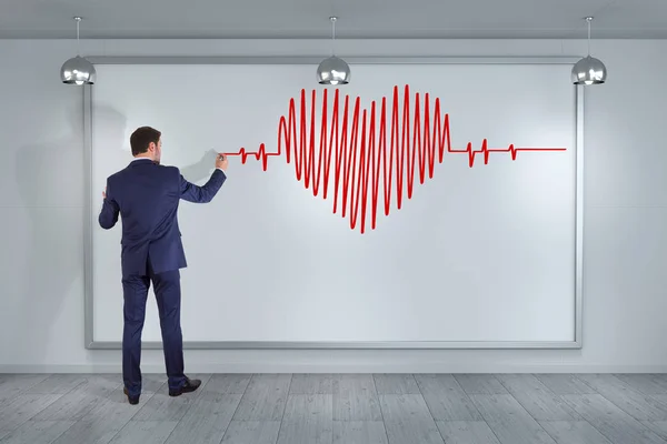 Geschäftsmann zeichnet Herzschlagskizze auf einem Brett 3D-Rendering — Stockfoto