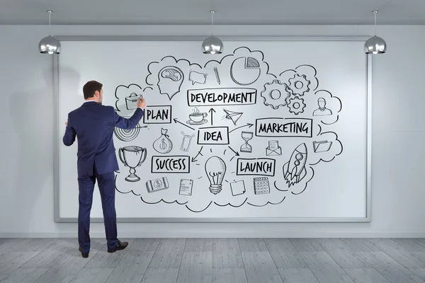 Bir proje çizim işadamı bir yönetim kurulu 3d render kroki