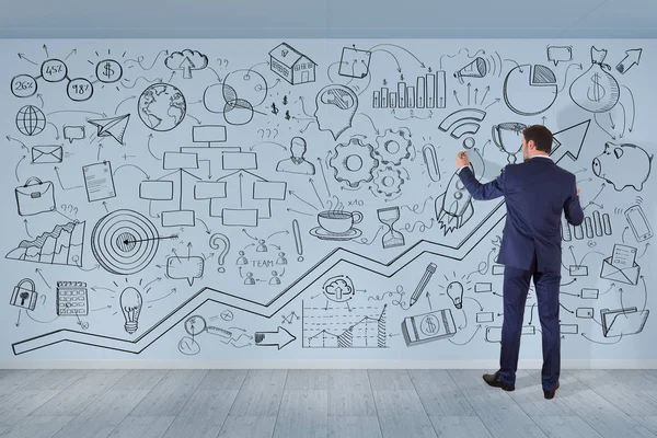 Bir proje çizim işadamı bir duvar 3d render kroki