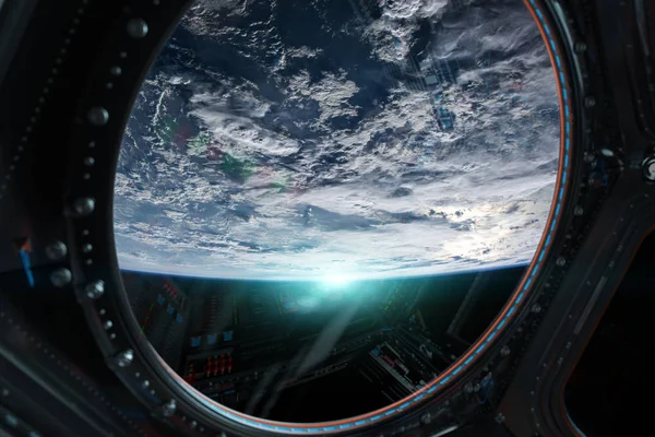 View of planet Earth from a space station window 3D rendering el — Stock Photo, Image