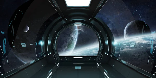 Інтер'єр космічного корабля з видом на планети 3D елементи рендеринга — стокове фото