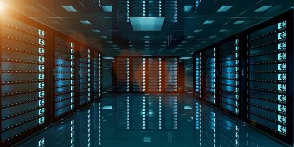 Sala de servidor escuro armazenamento de data center renderização 3D — Fotografia de Stock