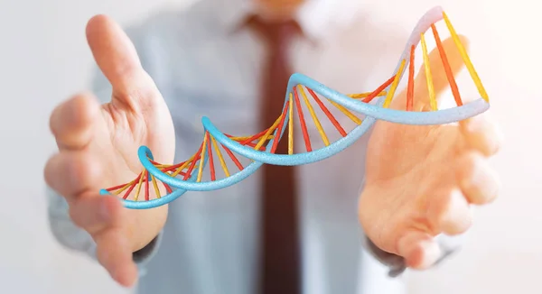 Empresário usando a moderna estrutura de DNA 3D renderização — Fotografia de Stock