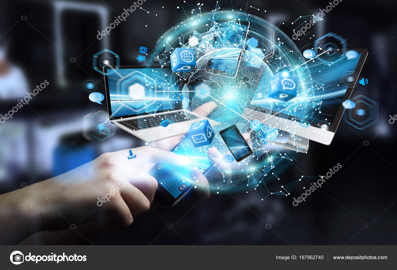 Tech devices connected to each other by businessman 3D rendering Stock
