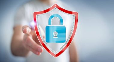 Modern veri kalkan virüsten koruma 3d işlemesini kullanan iş adamı