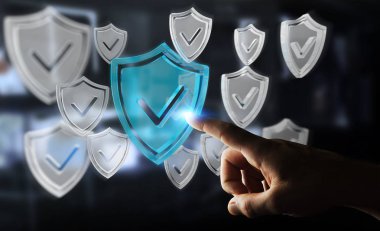 Modern veri kalkan virüsten koruma 3d işlemesini kullanan iş adamı