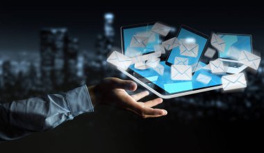 İşadamı onun dijital cihazlar 3d renderin üzerinde e-posta alma