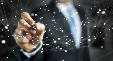 Uçan ağ bağlantısı arabirimi 3d renderi kullanarak iş adamı