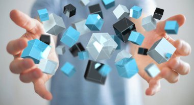 Mavi parlak küp ağ 3d renderin yüzen tutan işadamı