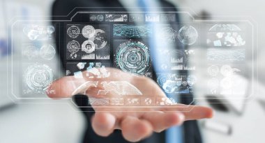 Dijital ekranlar hologramlar veriler 3d render ile kullanarak iş adamı