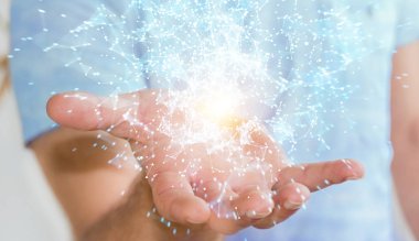 Uçan ağ bağlantısı 3d render tutan işadamı