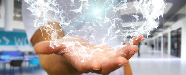 Uçan ağ bağlantısı 3d render tutan işadamı