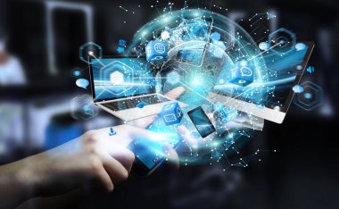 Teknik cihazlar birbirine işadamı 3d render tarafından bağlı