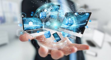 Teknik cihazlar birbirine işadamı 3d render tarafından bağlı