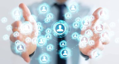 Sosyal ağ arabirimi 3d işlemesini kullanan iş adamı