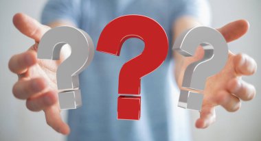 3D render soru işaretleri kullanarak iş adamı