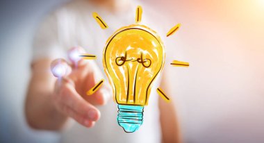 Holding ve bir ampul dokunmadan işadamı kroki