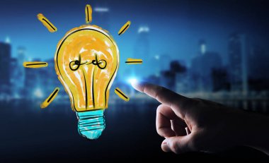 Holding ve bir ampul dokunmadan işadamı kroki