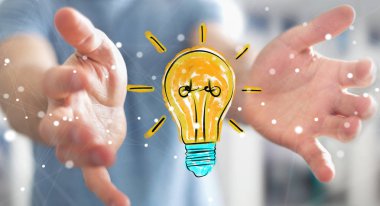 Holding ve bir ampul dokunmadan işadamı kroki