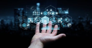 Dijital ekranlar 3d renderin hologramlar verileri kullanarak iş adamı