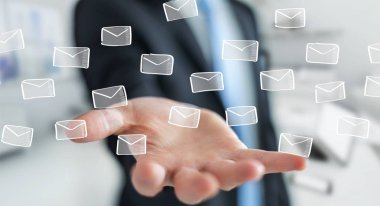 Holding ve yüzen dokunmadan işadamı kroki e-postaları