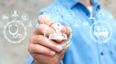 Bir kalem 3d render ile dijital tıbbi arabirimini kullanarak iş adamı