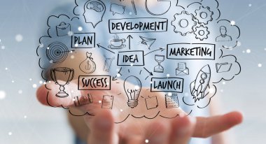 Eliyle el yazması proje sunum kullanarak iş adamı