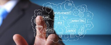 Eliyle el yazması proje sunum kullanarak iş adamı