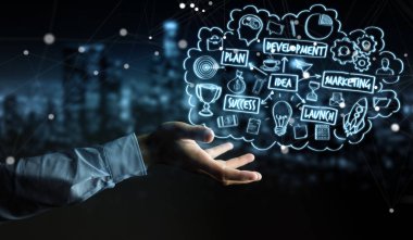 Eliyle el yazması proje sunum kullanarak iş adamı