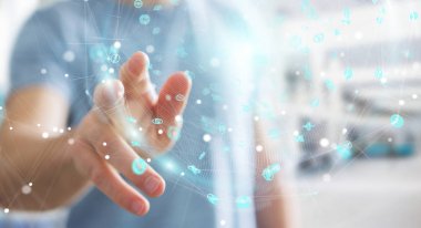 Hologram veriler dijital küre 3B oluşturmayı kullanarak iş adamı