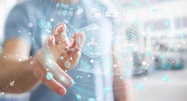 Dijital Sağlık Küre 3d işlemesini kullanan iş adamı