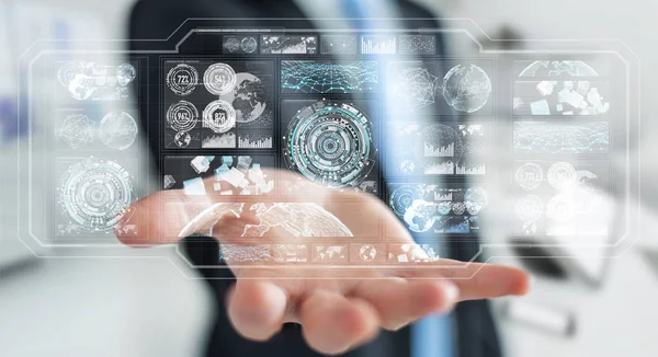 Dijital ekranlar hologramlar veriler 3d render ile kullanarak iş adamı