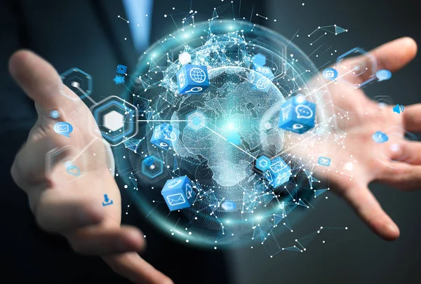 İşadamı 3d rende tarafından aktive uçan Dünya ağ arabirimi