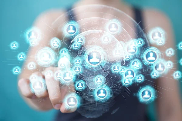 Sosyal ağ arabirimi 3d işlemesini kullanan iş kadını