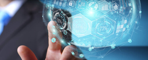 Бизнесмен, использующий голограммы данных цифровой сферы 3D рендеринг
