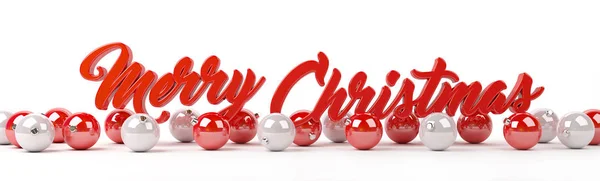 Merry christmas greetings and baubles lined up 3D rendering — Stock Photo, Image