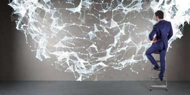 Bir duvara 3d render bağlantı ağ kullanarak iş adamı