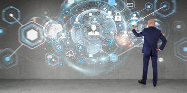 Üzerinde bir duvar 3d renderin sosyal ağ arabirimini kullanarak iş adamı