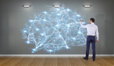 Bir duvar 3d render dijital beyin arabirimini kullanarak iş adamı